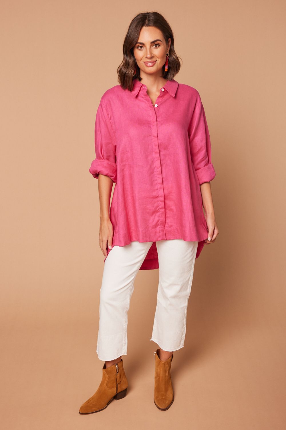 Oversized Linen Boyfriend Shirt  in Hot Pink